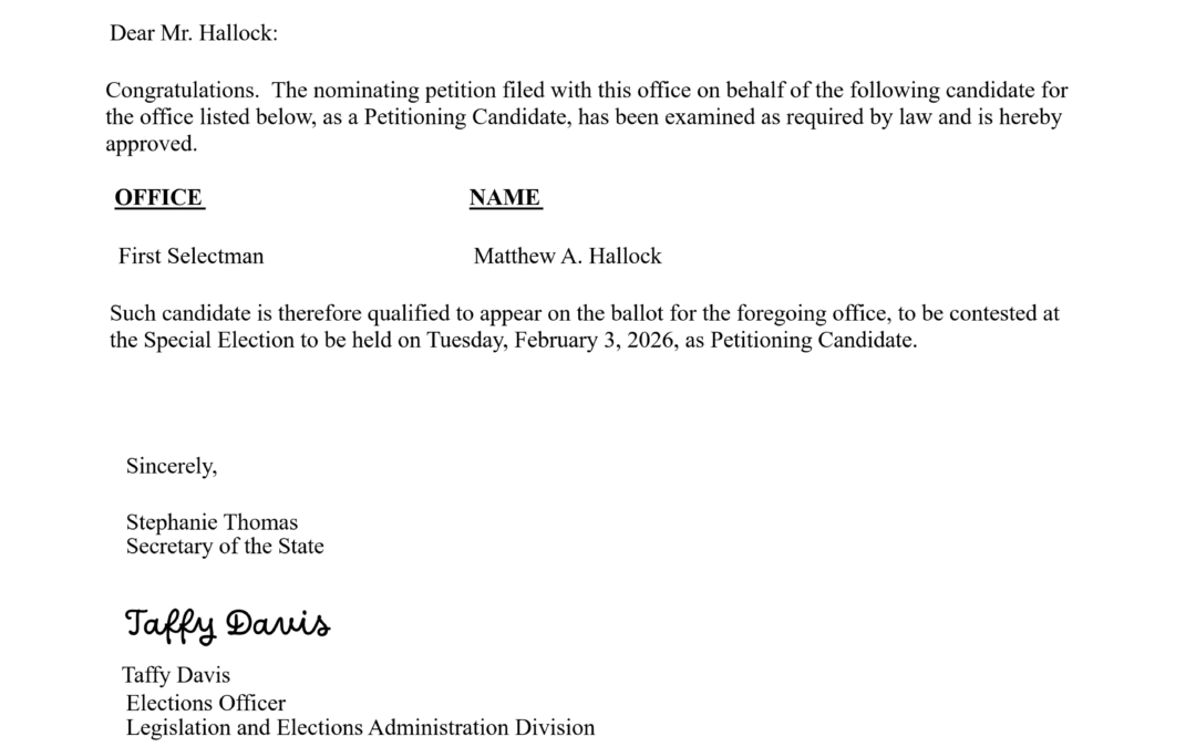 CT Secretary of State adds independent candidate Hallock to Fairfield’s 1st Selectman election