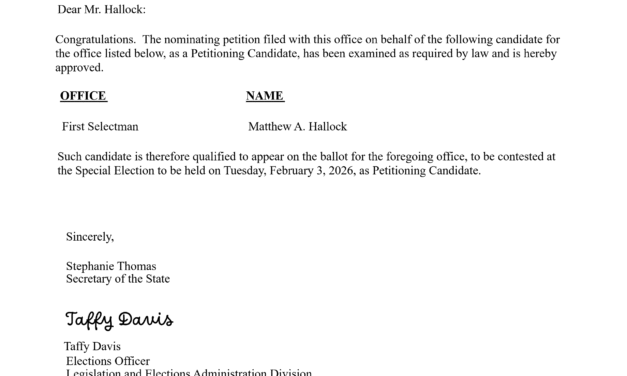 CT Secretary of State adds independent candidate Hallock to Fairfield’s 1st Selectman election