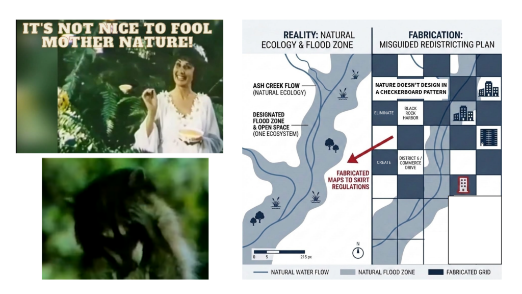 Mother Nature in a commercial and map of real and fake Ash Creek in maps